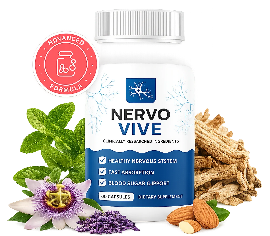 NervoVive supplement bottle with botanical ingredients — promotional product image